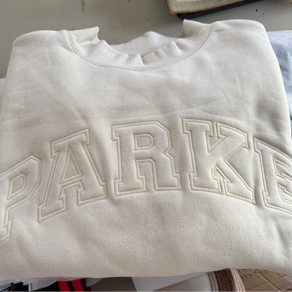 Parke Tops - Parke Monochrome Varsity 
Mockneck Sweatshirt Oat XXL